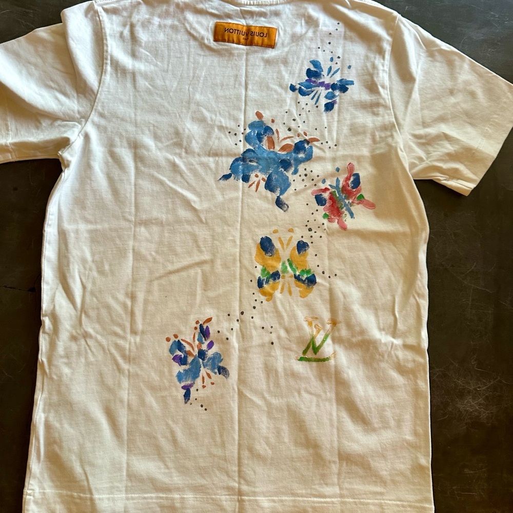 LV White Tee with Blue Floral Design